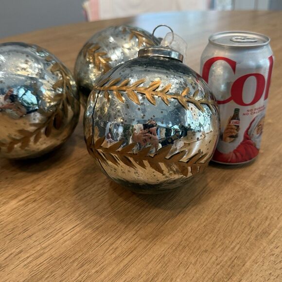 Set 3 Large Mercury Glass Kugel Style Gold Vine Ornaments ~4.5” Christmas Heavy - Picture 12 of 15